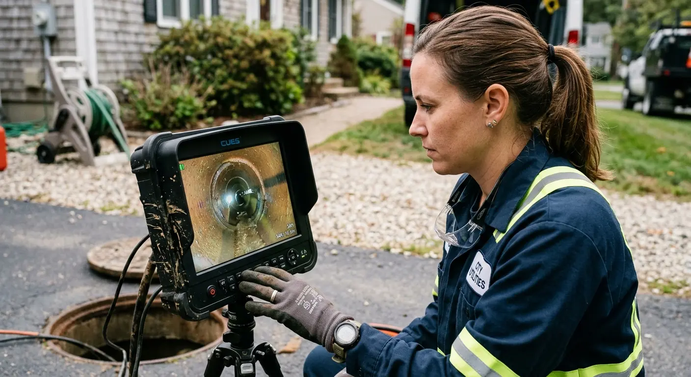 Technician reviewing sewer camera inspection footage in Yucaipa