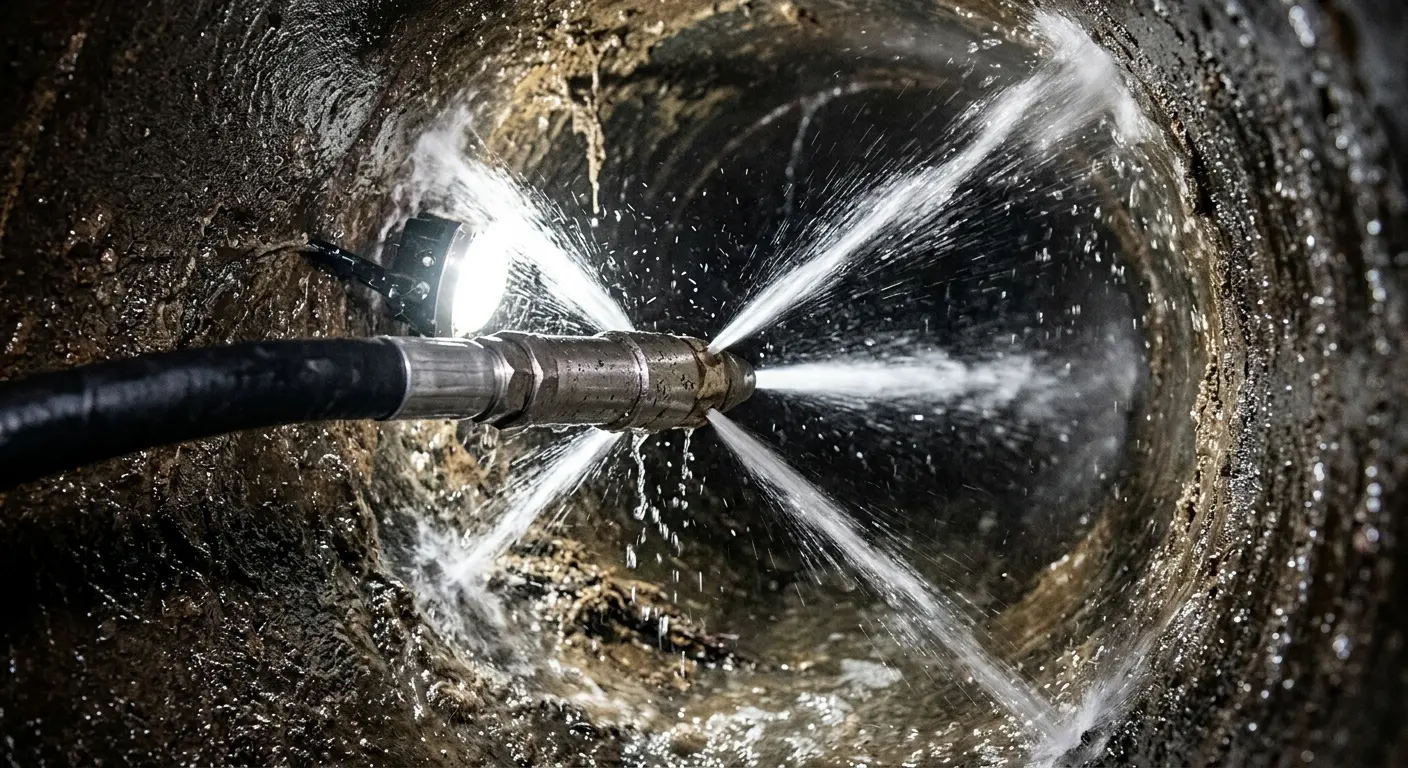 High-pressure hydro jetting nozzle cleaning sewer pipe for Storm Drain Cleaning in Yucaipa