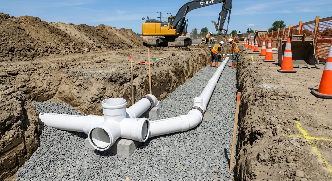 New PVC sewer pipe installation in open trench for Sewer Camera Inspection in Yucaipa