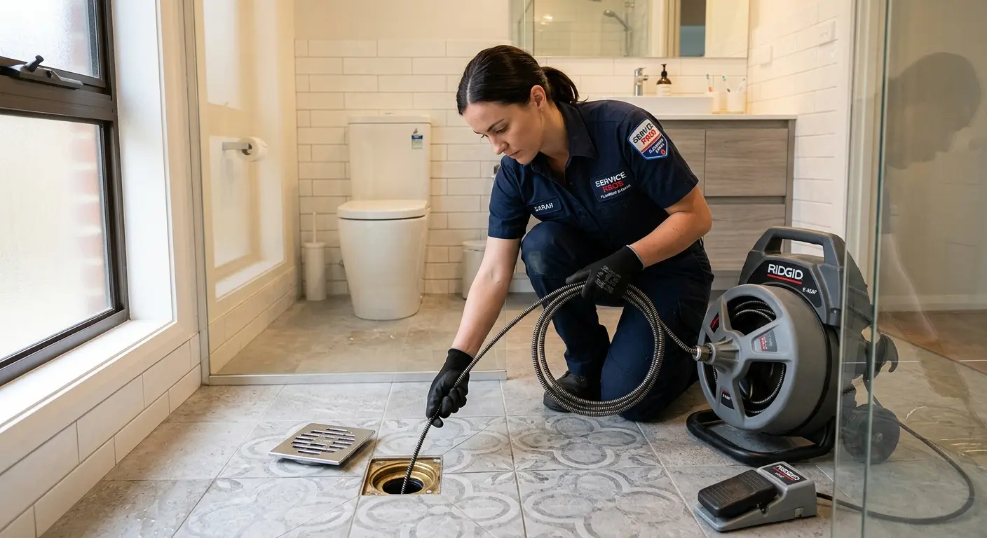 Technician clearing a bathroom floor drain for Sewer Line Installation in Yucaipa